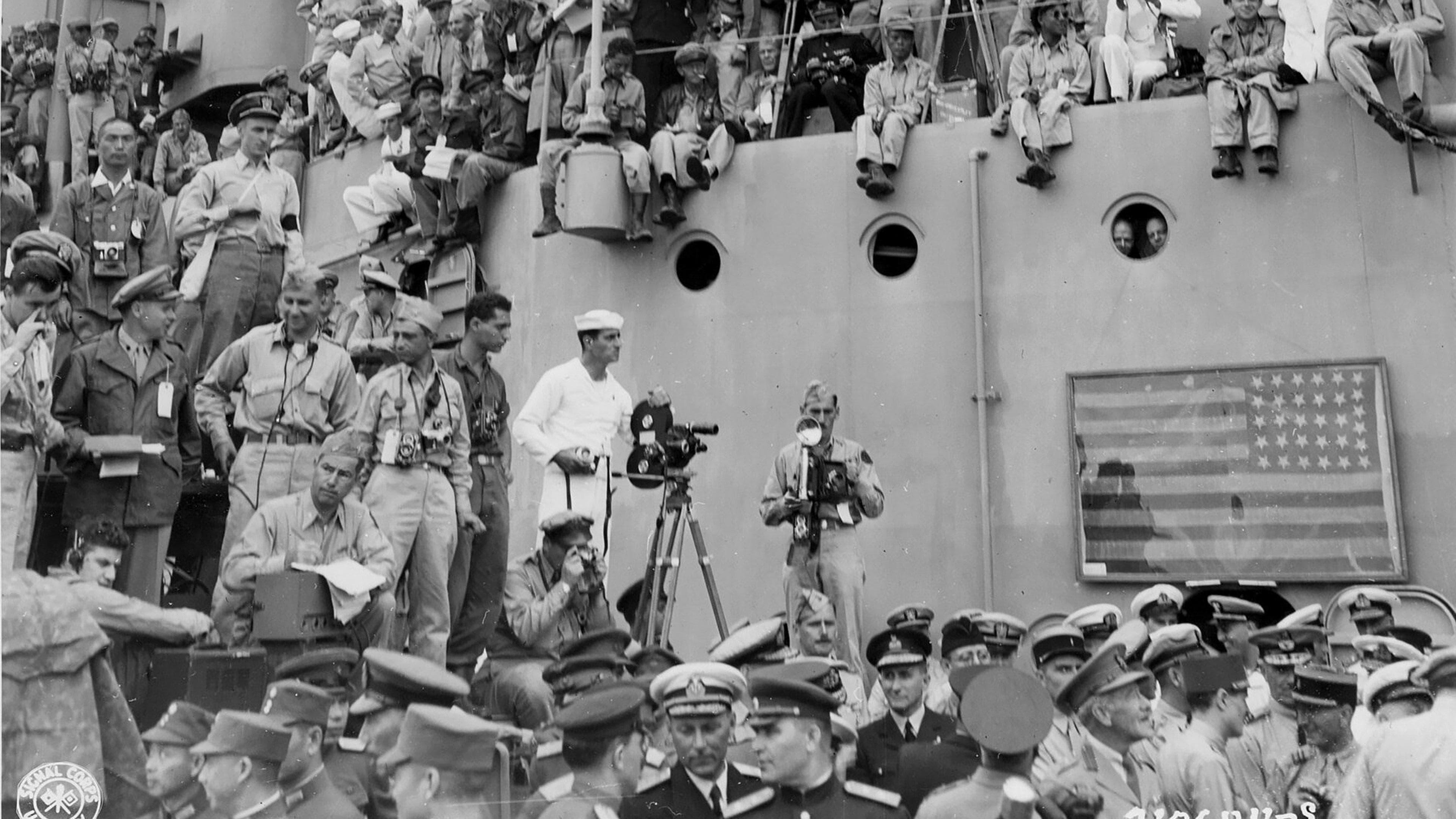 Surrender on the USS Missouri backdrop